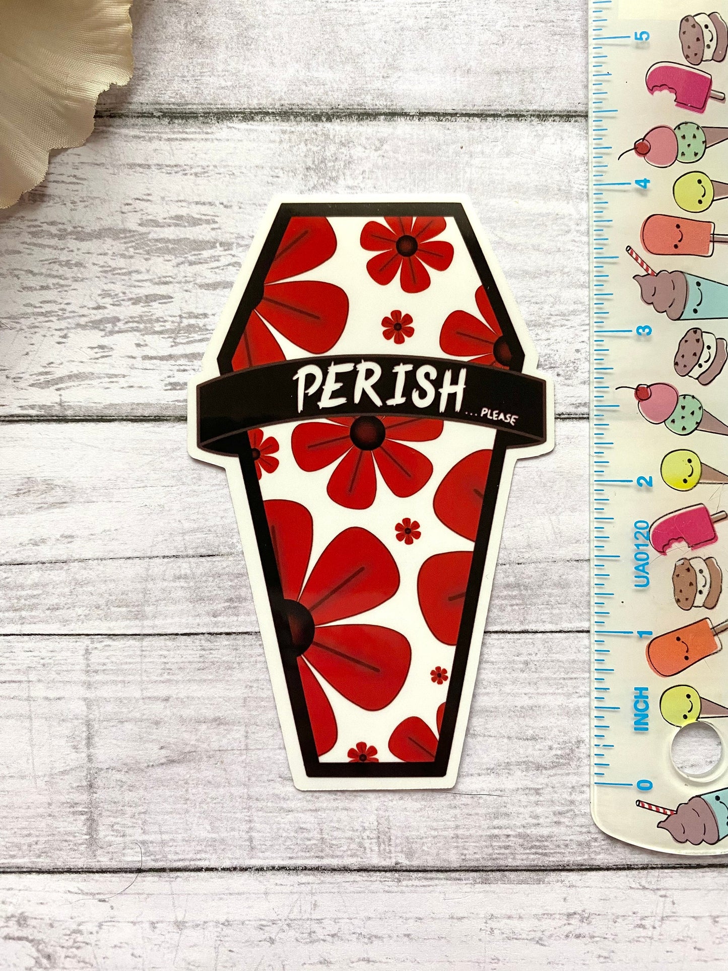 Flower coffin sticker, goth stationery, unique floral gift for her, vinyl decal for laptop, rude sticker, emo valentine gift for best friend