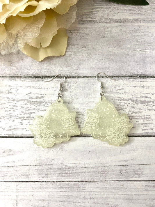 Glow in the dark ghost earrings, spooky dangle hook earrings, nickle-free accessories for gf, flower ghost jewelry, cottagecore aesthetic