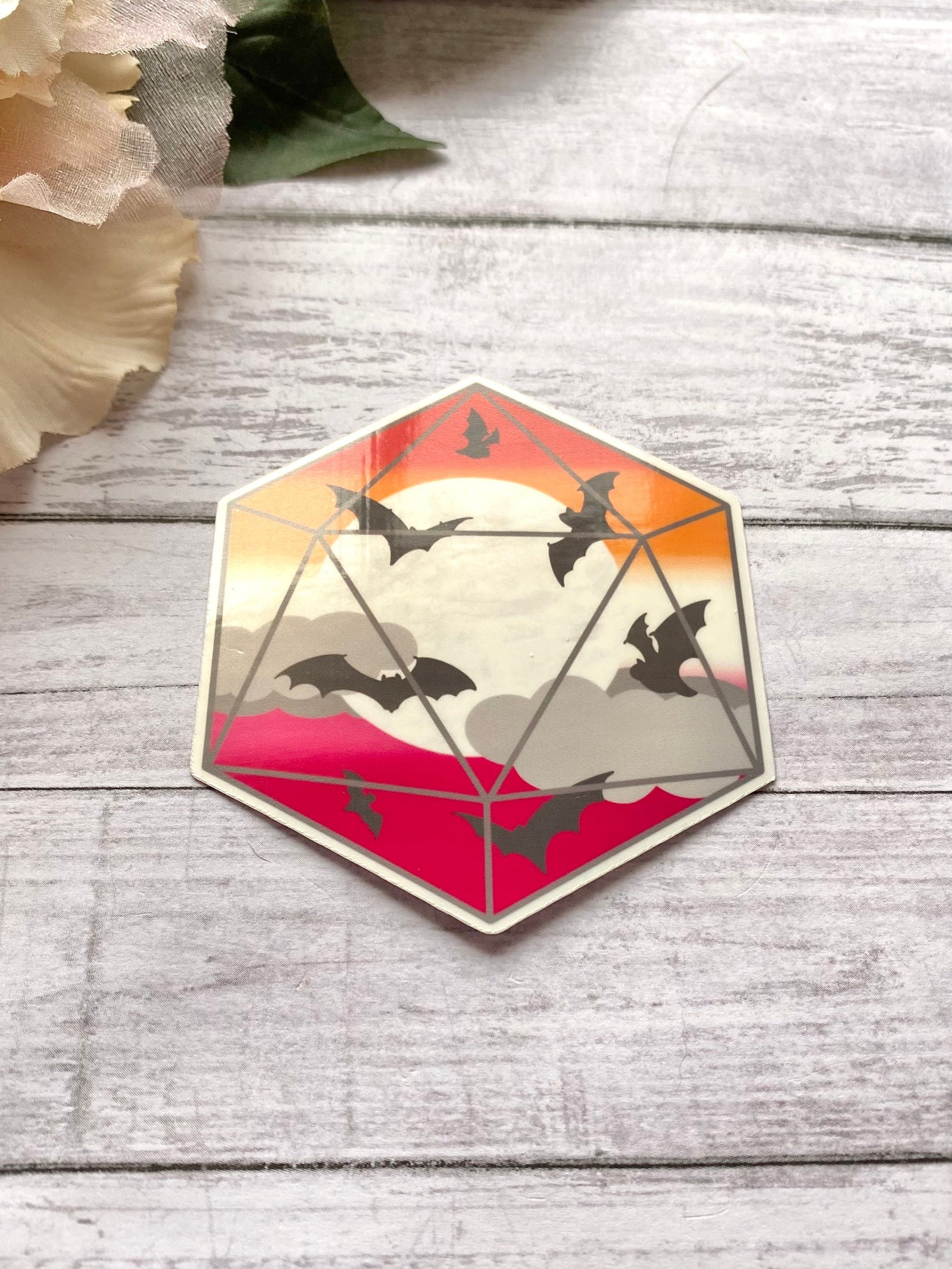 Lesbian pride bat D20 sticker, water resistant vinyl stickers for laptop, LGBTQ art, gay pride month gift for girlfriend, subtle pride decal