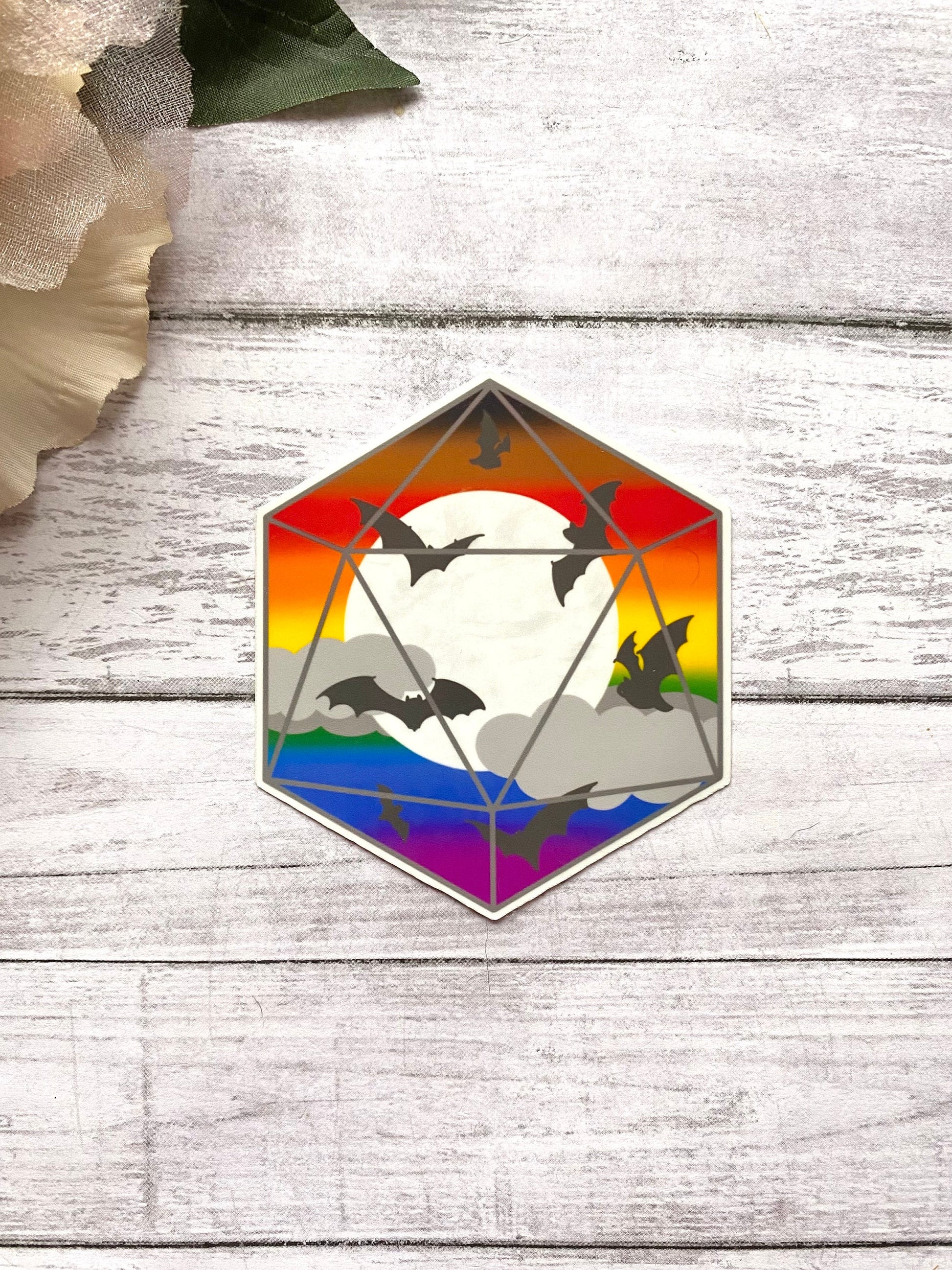 Philly pride flag D20 sticker for water bottle, gay goth sticker, decals for laptop, water resistant sticker, LGBTQ art, rainbow D20 sticker