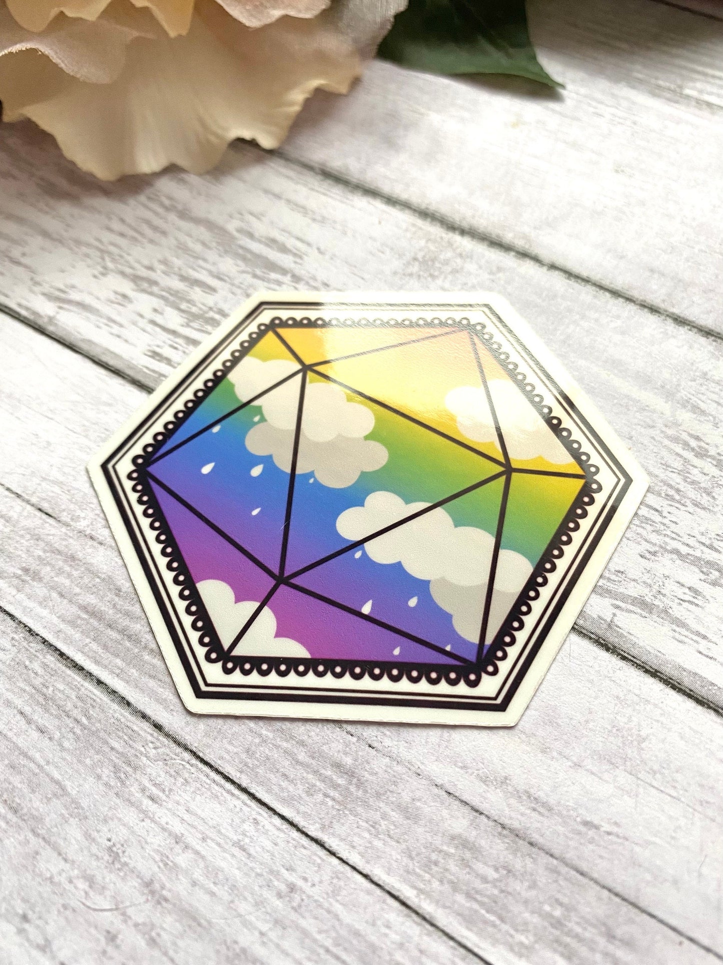 Rainbow D20 sticker for laptop, cloud decal for tumblers, pride month gift for friend, pride stickers cute, LGBTQ art, small gift for them