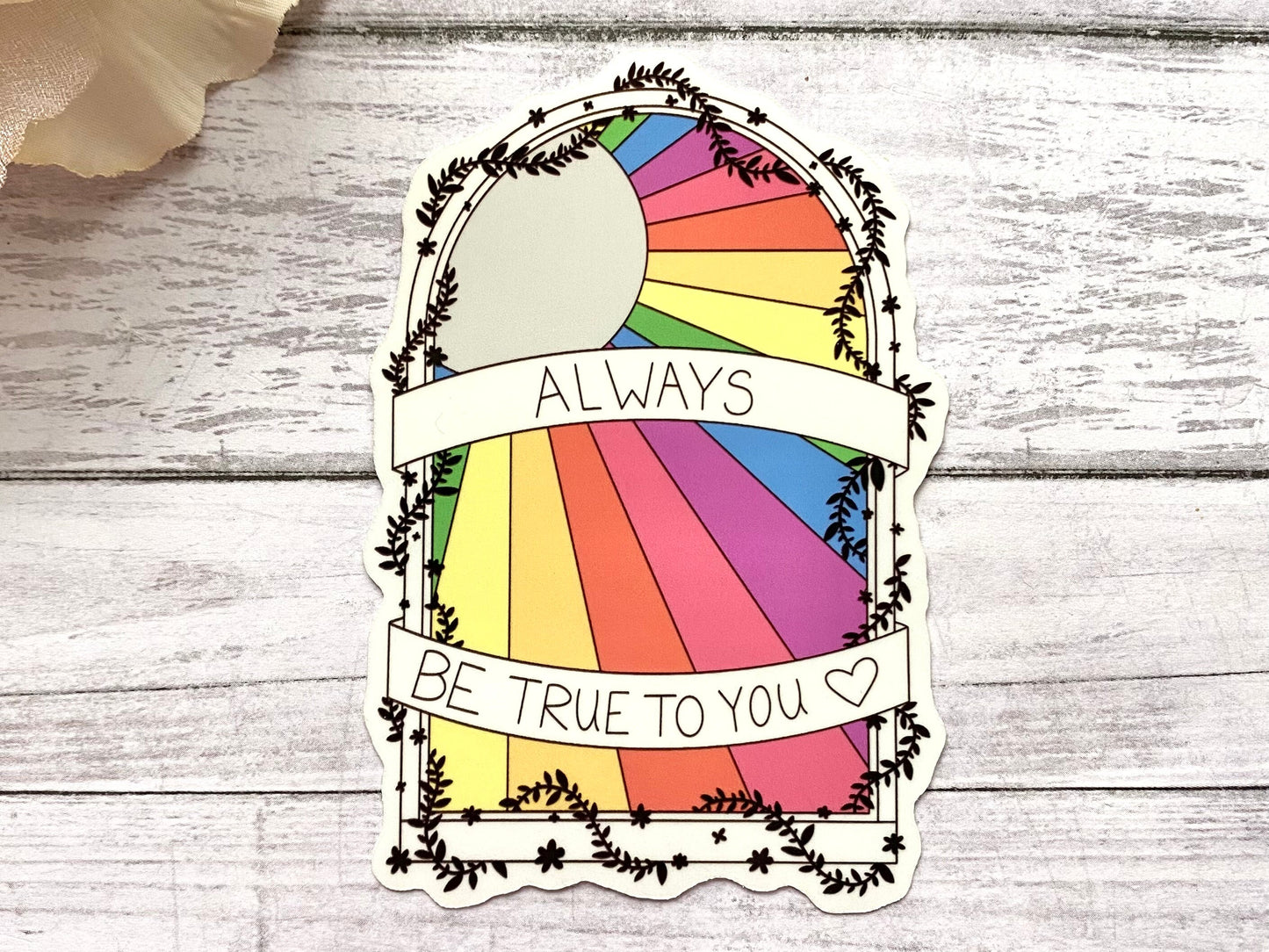 Rainbow stained glass sticker, positive quote decal, self care gift for women, inspirational gift for her, colorful floral design for laptop