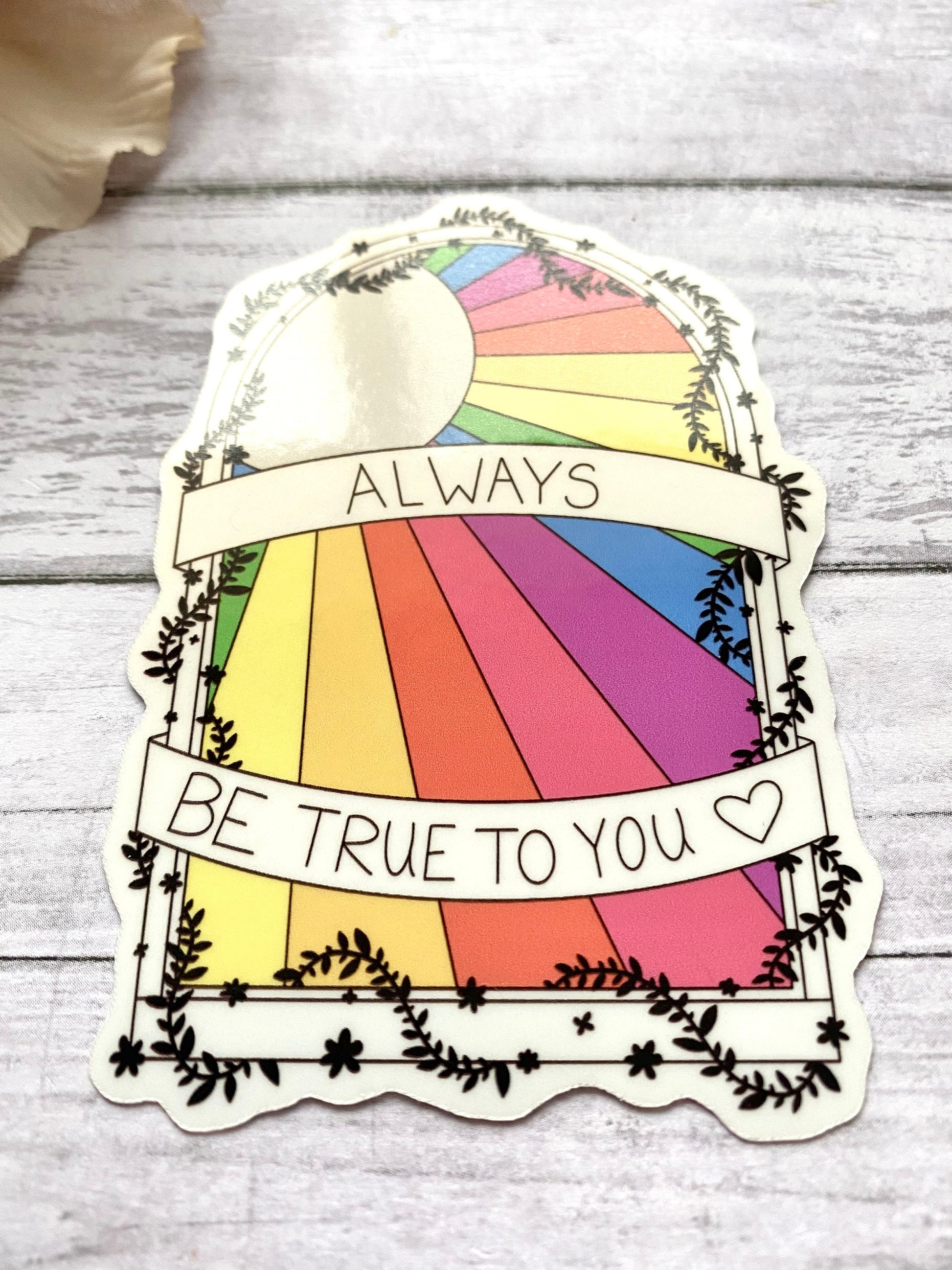 Rainbow stained glass sticker, positive quote decal, self care gift for women, inspirational gift for her, colorful floral design for laptop
