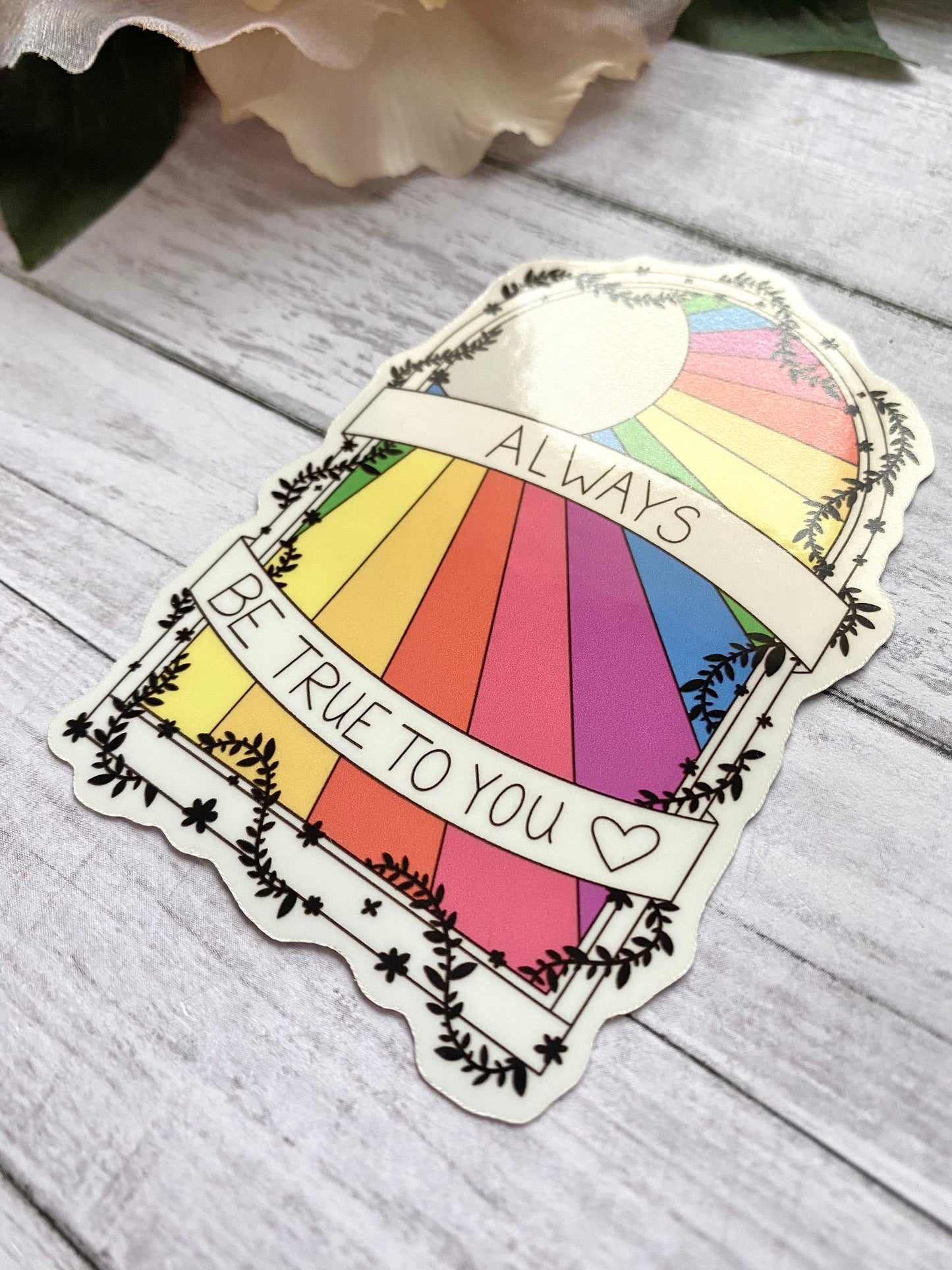 Rainbow stained glass sticker, positive quote decal, self care gift for women, inspirational gift for her, colorful floral design for laptop