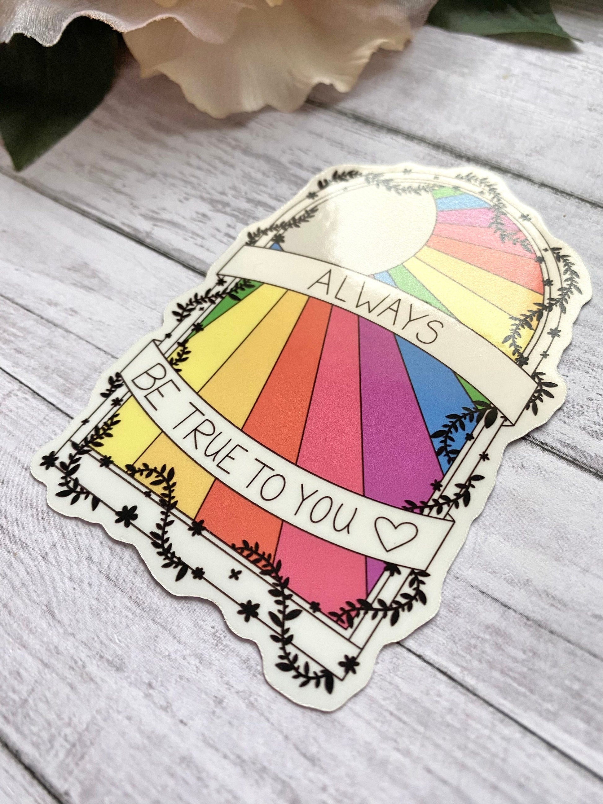 Rainbow stained glass sticker, positive quote decal, self care gift for women, inspirational gift for her, colorful floral design for laptop