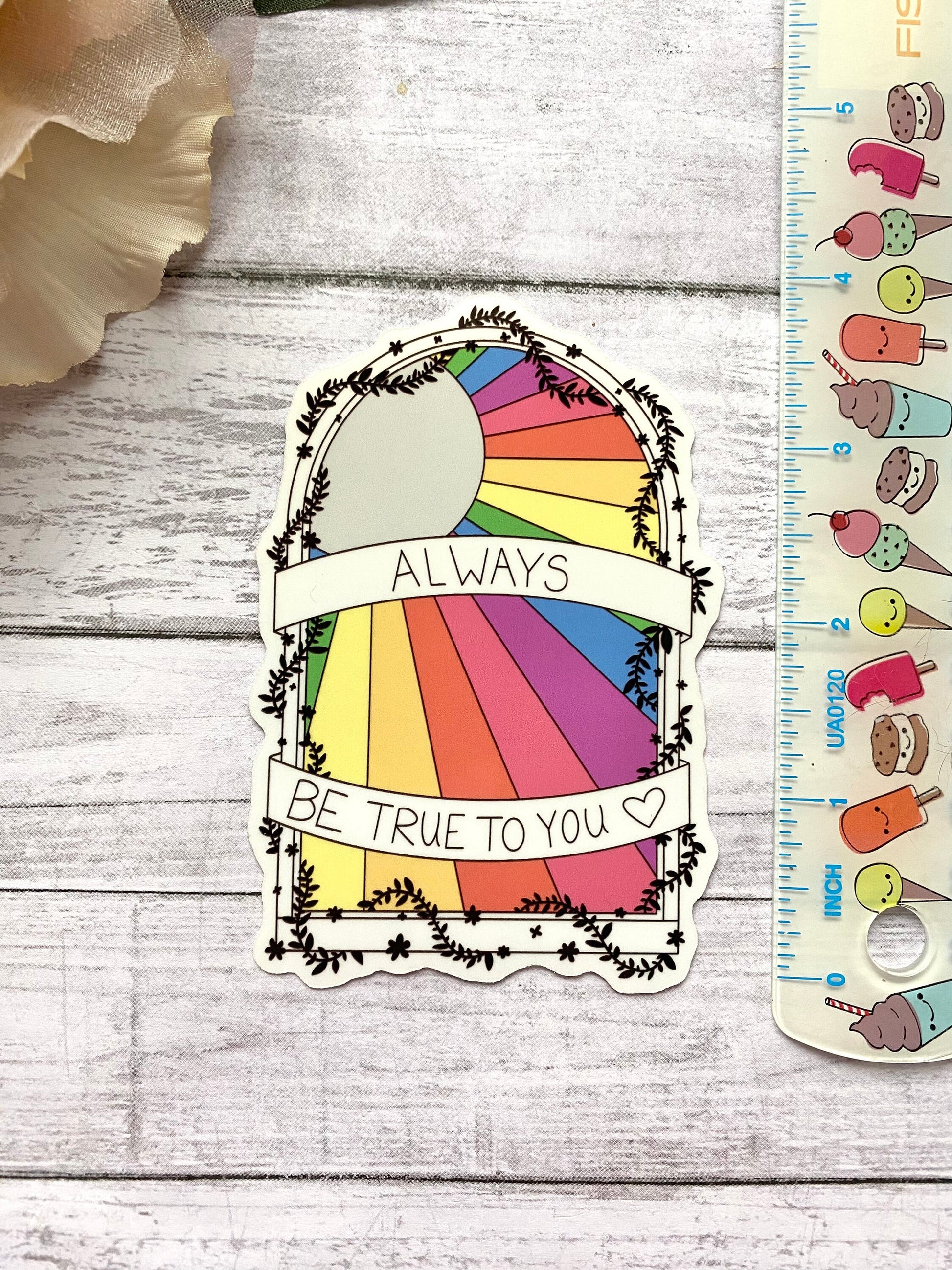 Rainbow stained glass sticker, positive quote decal, self care gift for women, inspirational gift for her, colorful floral design for laptop