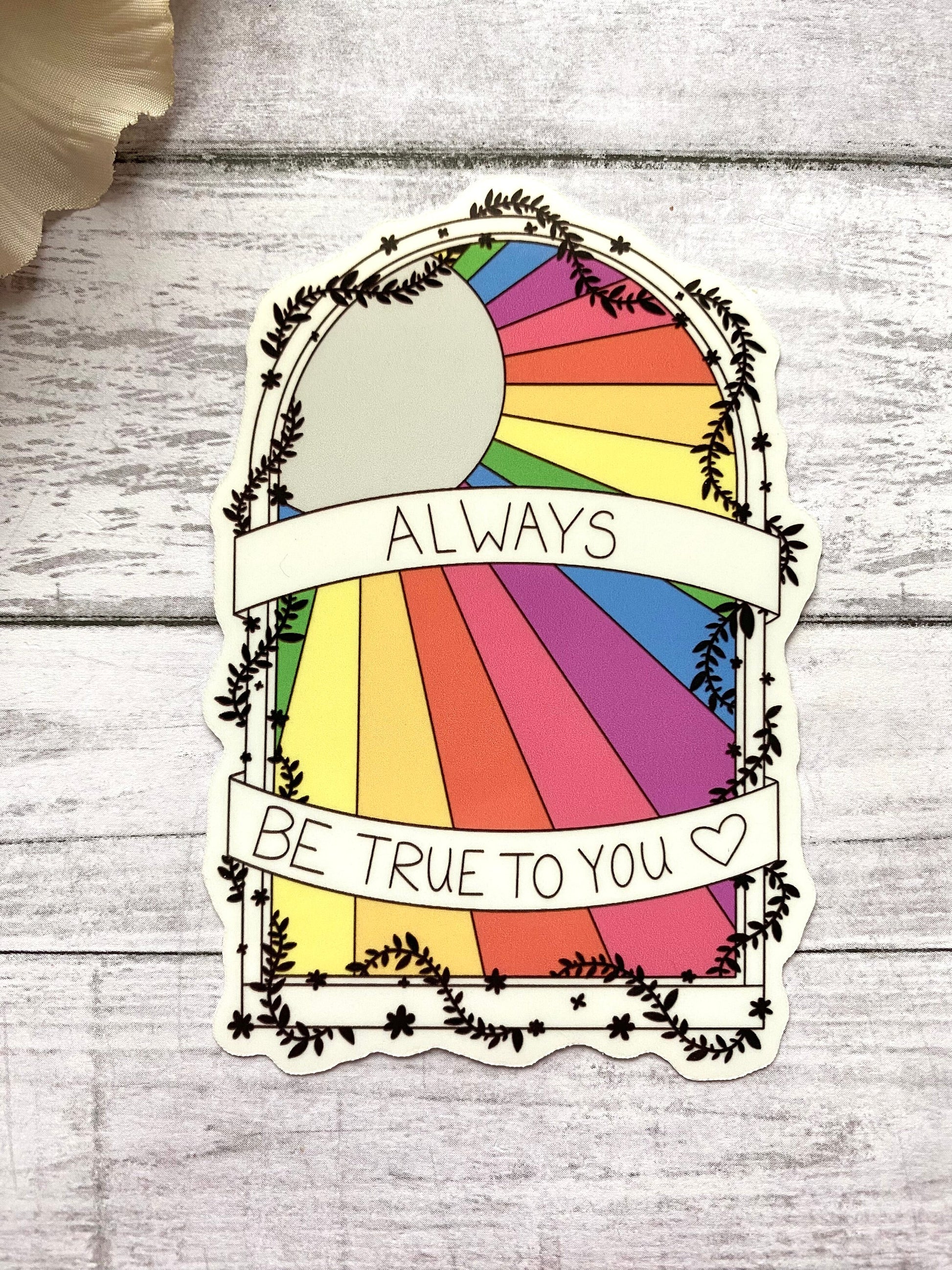 Rainbow stained glass sticker, positive quote decal, self care gift for women, inspirational gift for her, colorful floral design for laptop