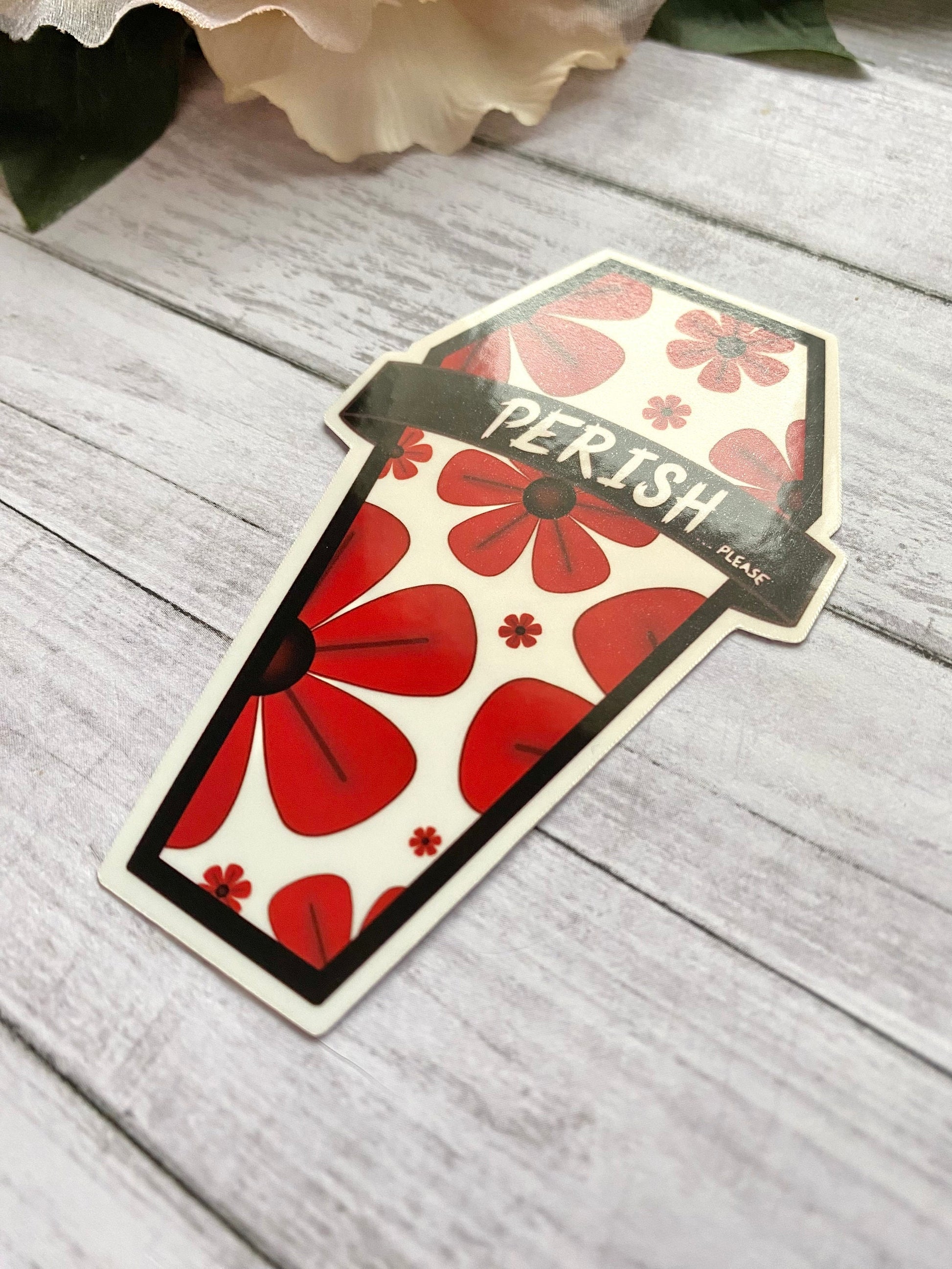 Flower coffin sticker, goth stationery, unique floral gift for her, vinyl decal for laptop, rude sticker, emo valentine gift for best friend