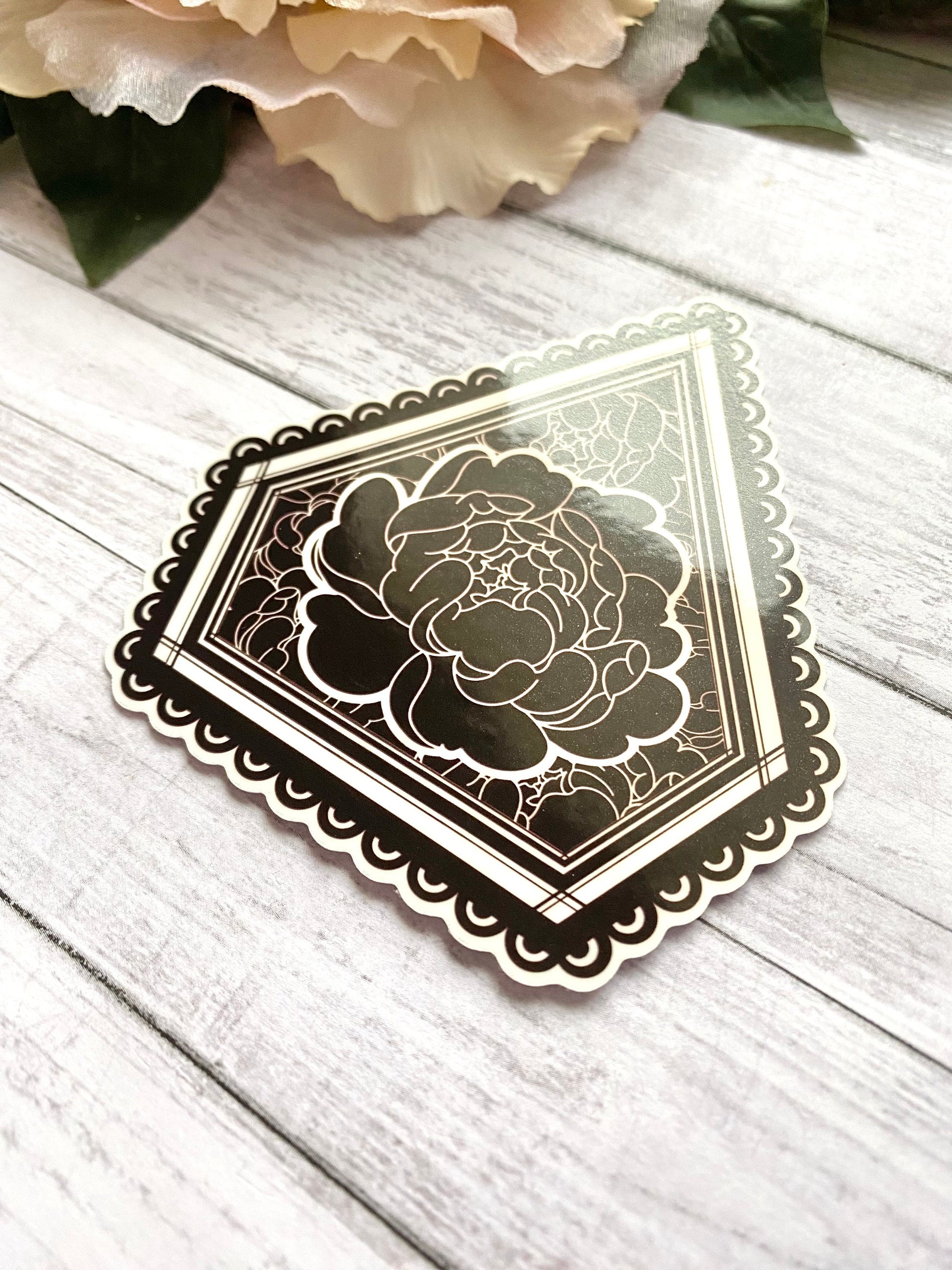 Black flower sticker, peony decal for water bottle, unique floral gift for her, cute stationery sticker, emo valentine gift for girlfriend