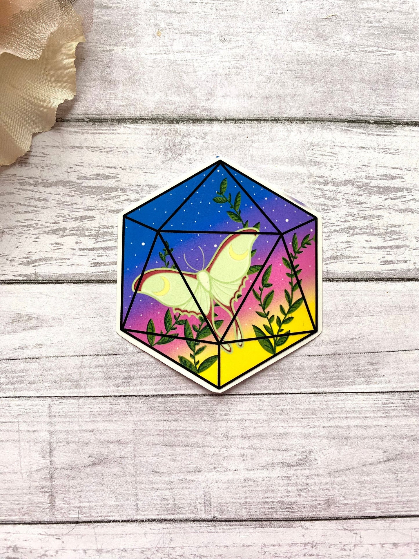 Luna moth D20 die cut, floral d20 sticker, moth decals, witchy vibes, cottagecore aesthetic stickers for ereader, glossy sticker gift