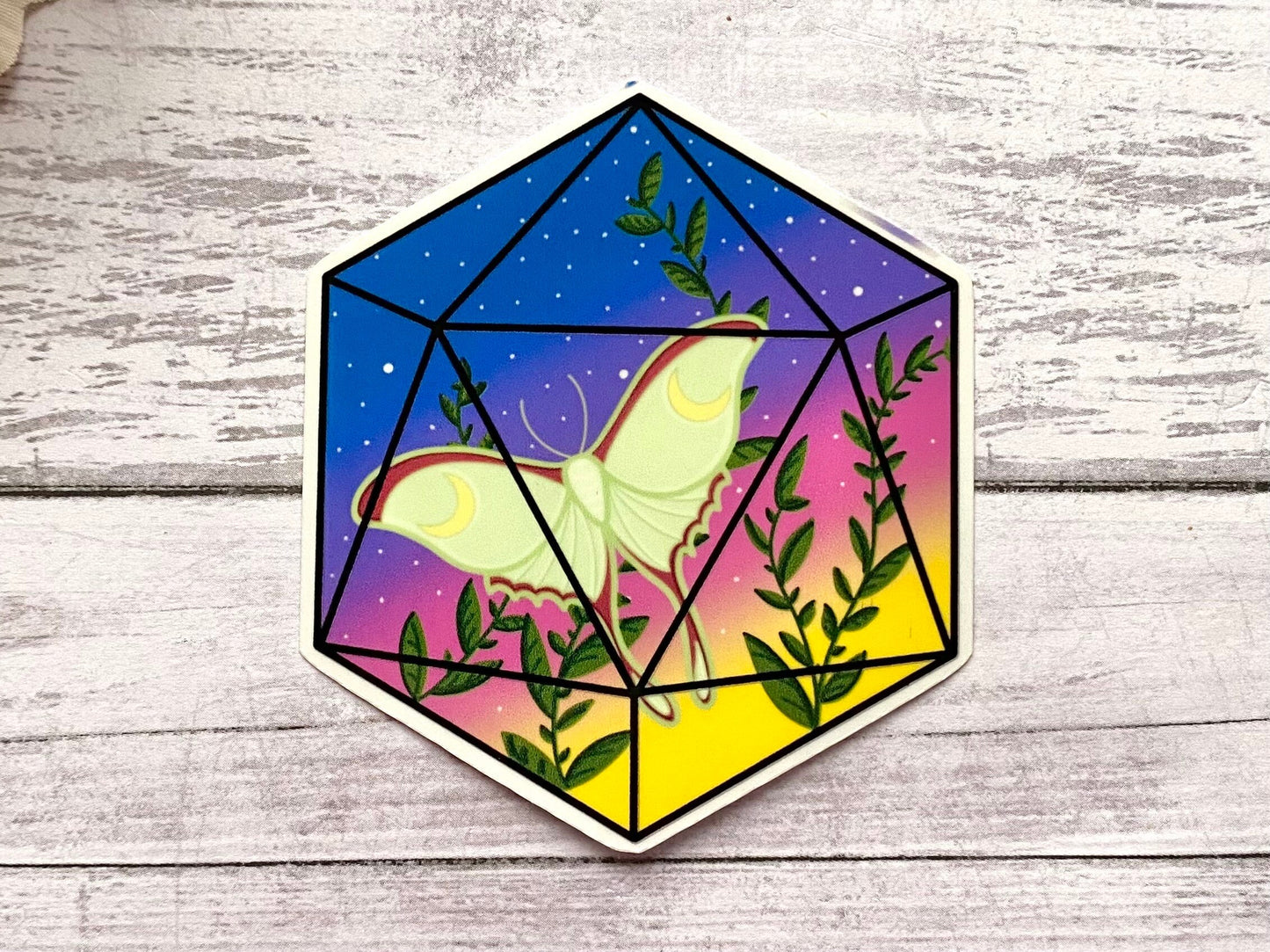 Luna moth D20 die cut, floral d20 sticker, moth decals, witchy vibes, cottagecore aesthetic stickers for ereader, glossy sticker gift