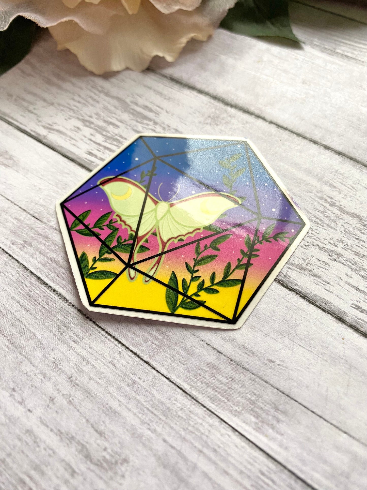 Luna moth D20 die cut, floral d20 sticker, moth decals, witchy vibes, cottagecore aesthetic stickers for ereader, glossy sticker gift