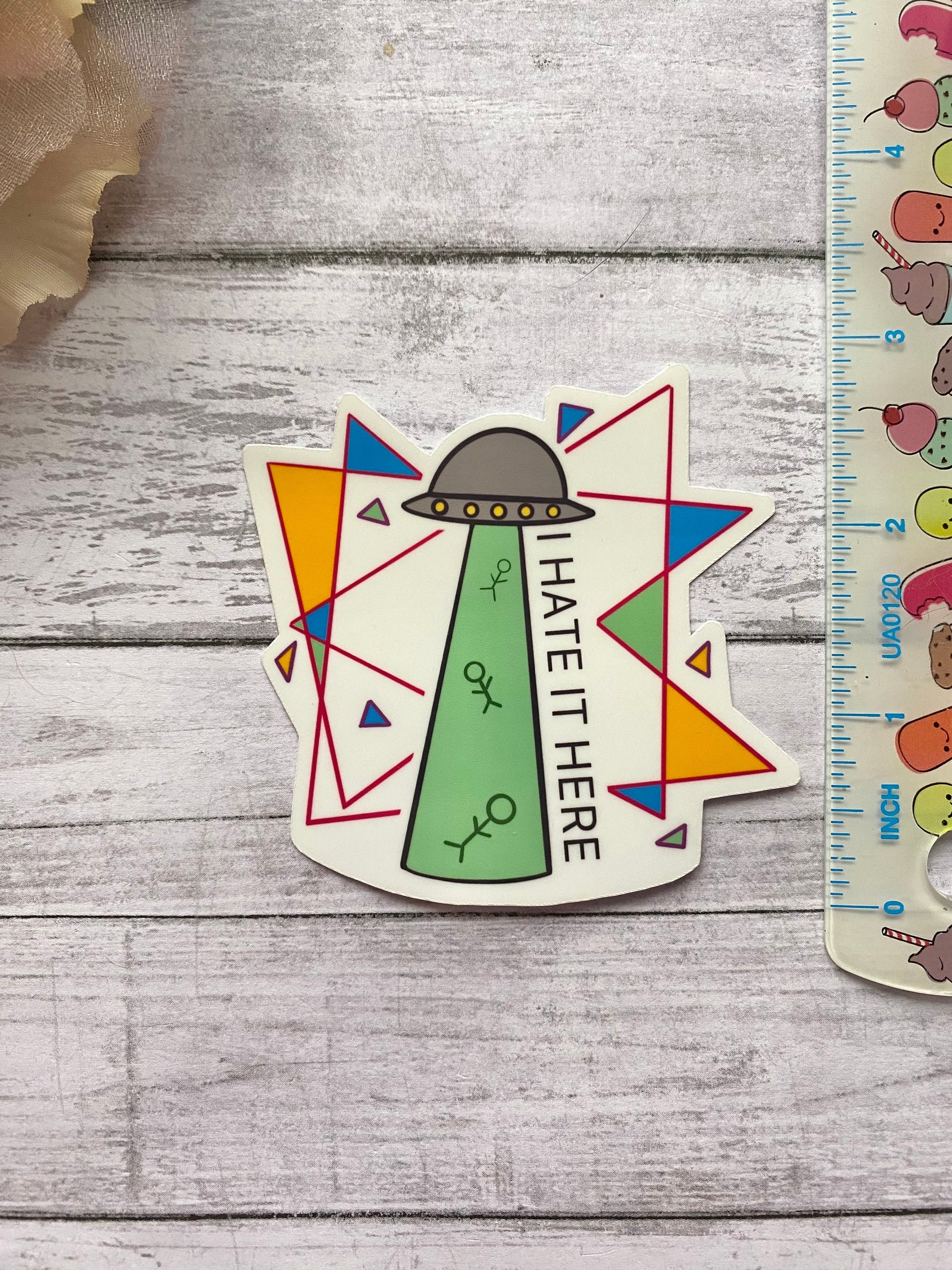 I hate it here die cut sticker for laptop, sarcastic decal, retro aesthetic, shiny sticker for kindle, adult sticker,alien abduction sticker