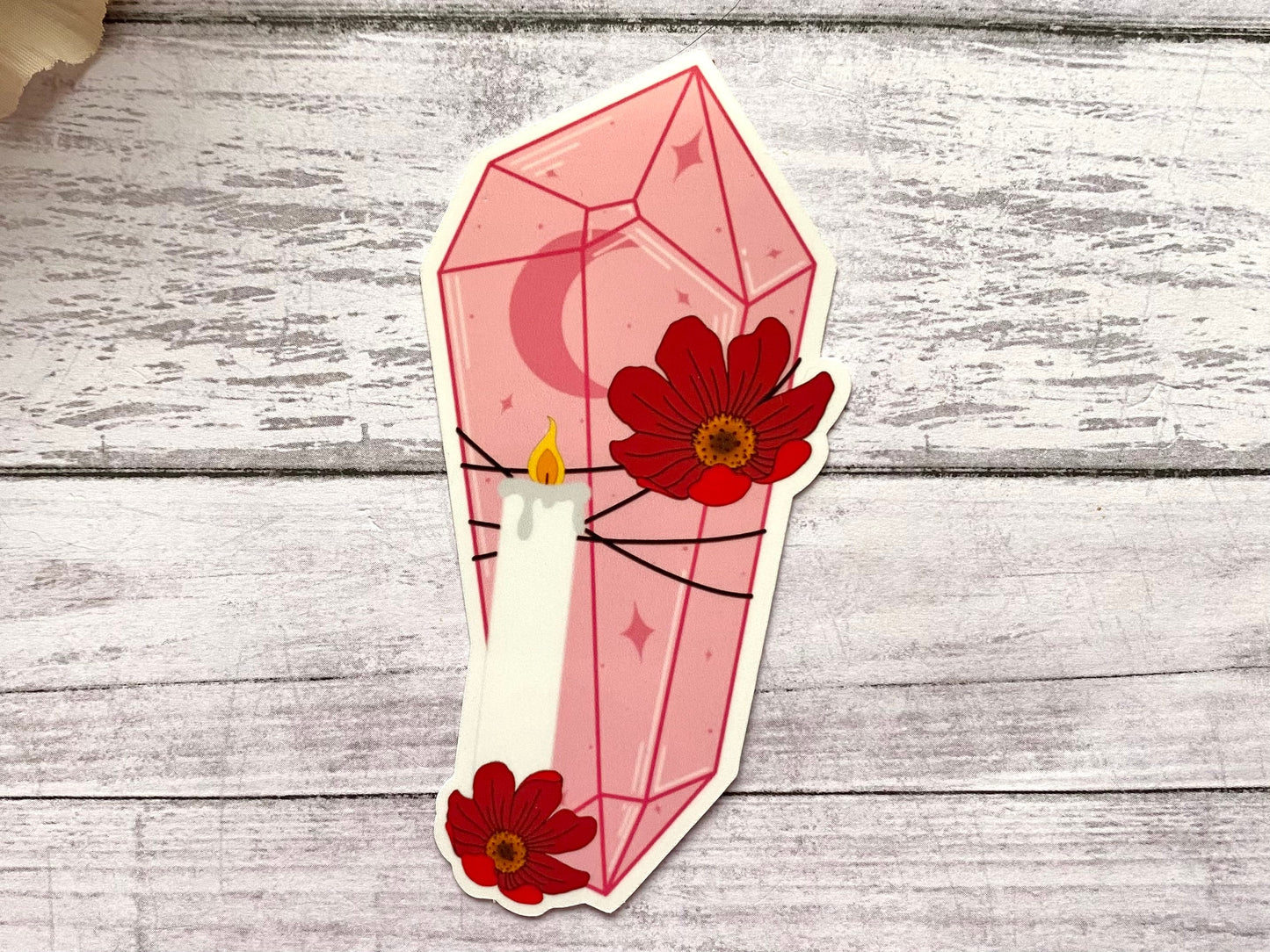 Pink crystal sticker gift for women, flower and crystal decal for laptop, witchy stickers for notebook, valentines day gift for her