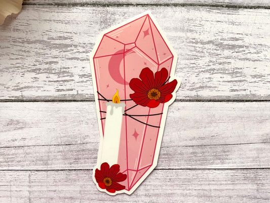 Pink crystal sticker gift for women, flower and crystal decal for laptop, witchy stickers for notebook, valentines day gift for her