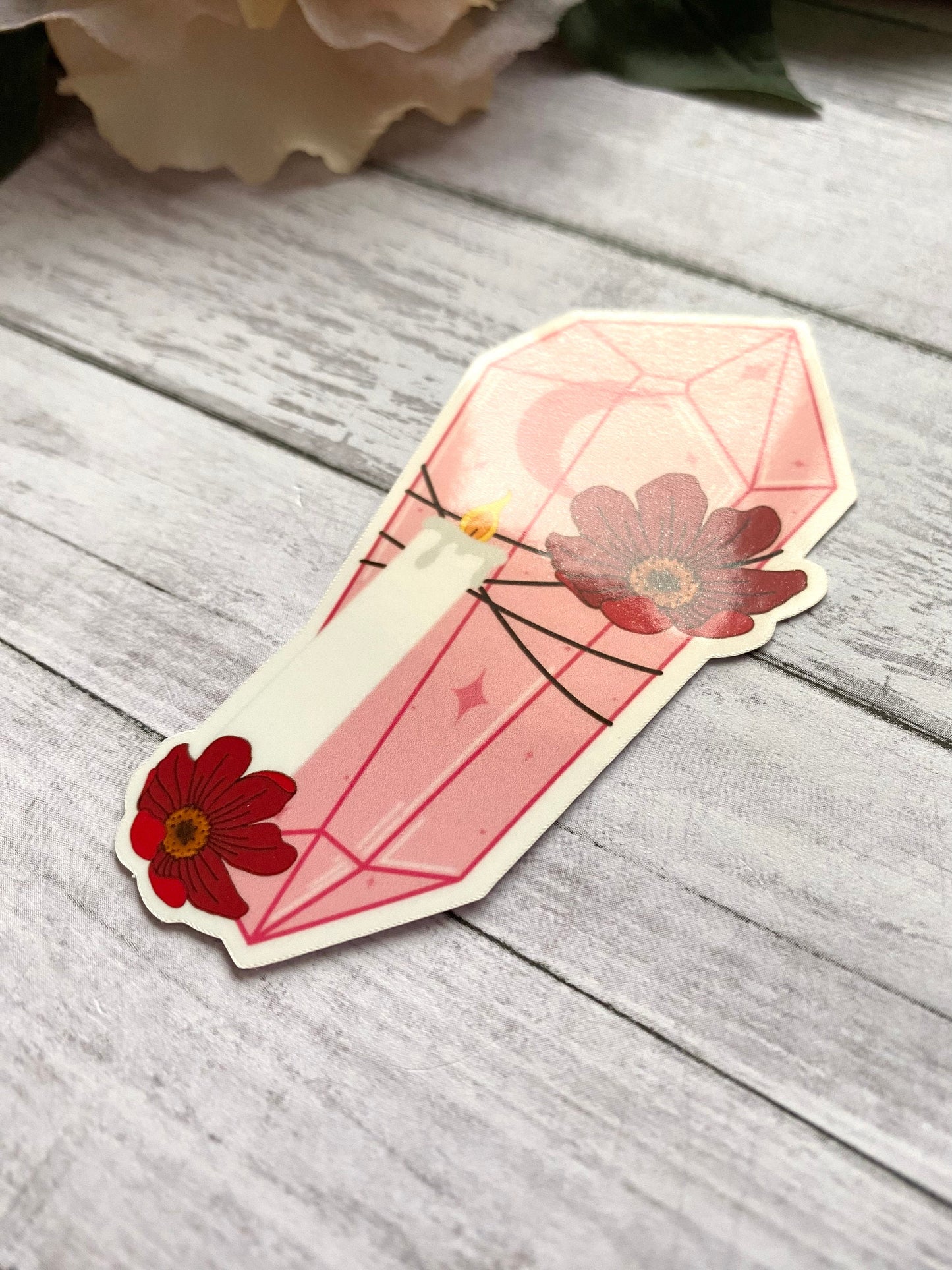 Pink crystal sticker gift for women, flower and crystal decal for laptop, witchy stickers for notebook, valentines day gift for her