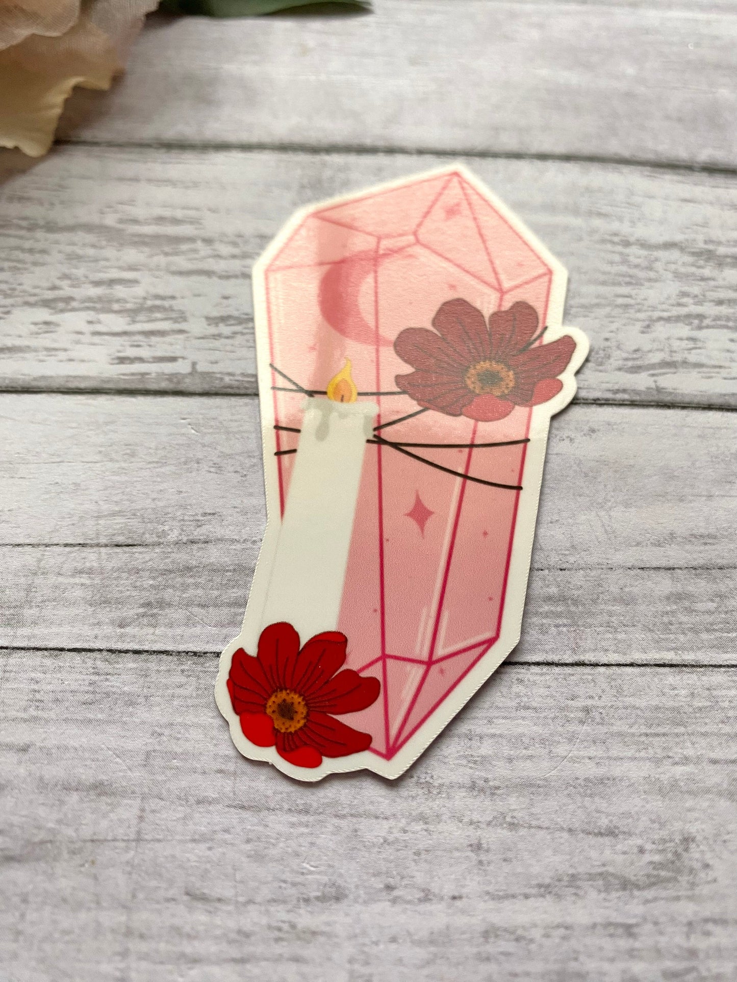 Pink crystal sticker gift for women, flower and crystal decal for laptop, witchy stickers for notebook, valentines day gift for her