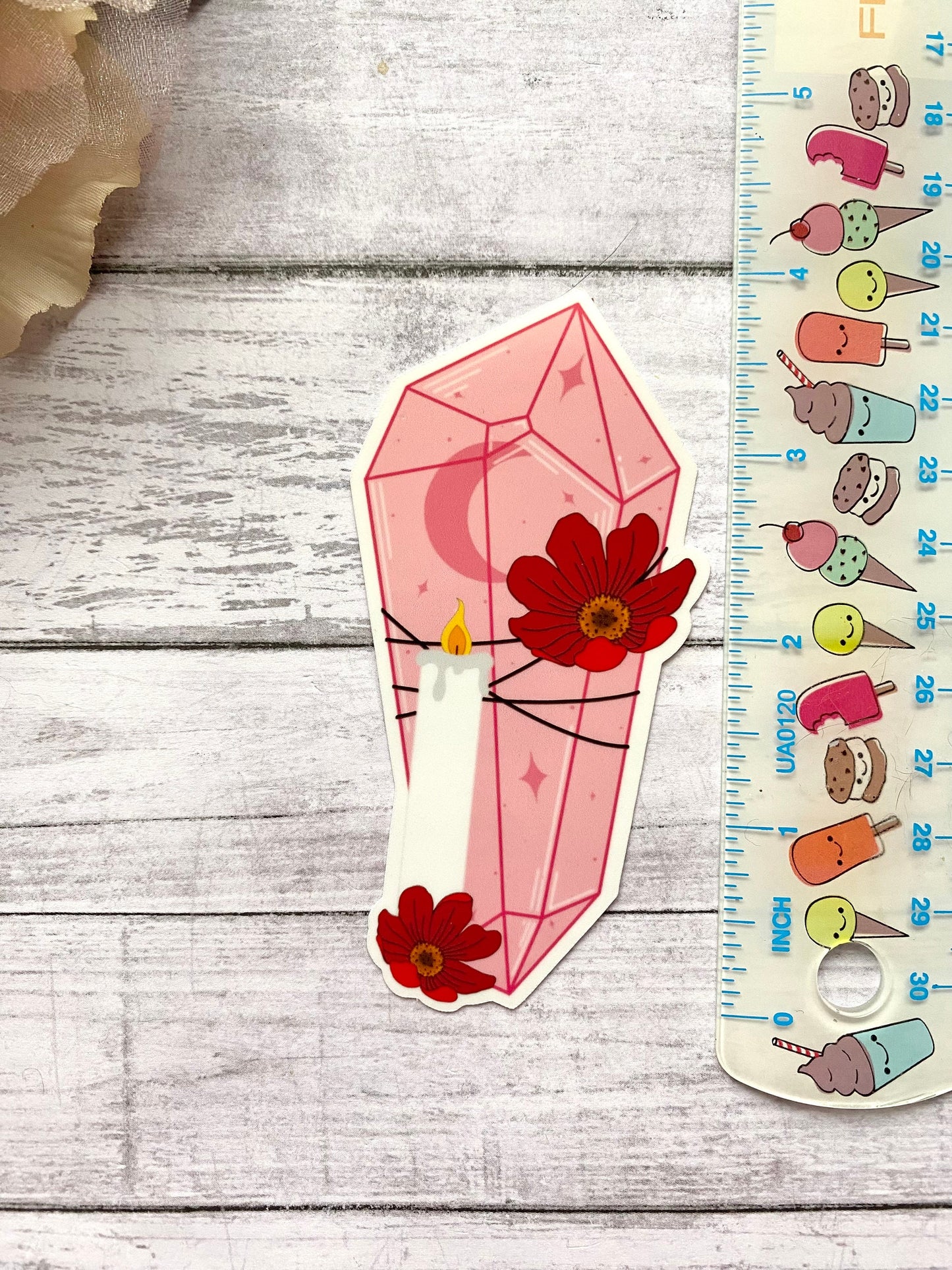 Pink crystal sticker gift for women, flower and crystal decal for laptop, witchy stickers for notebook, valentines day gift for her