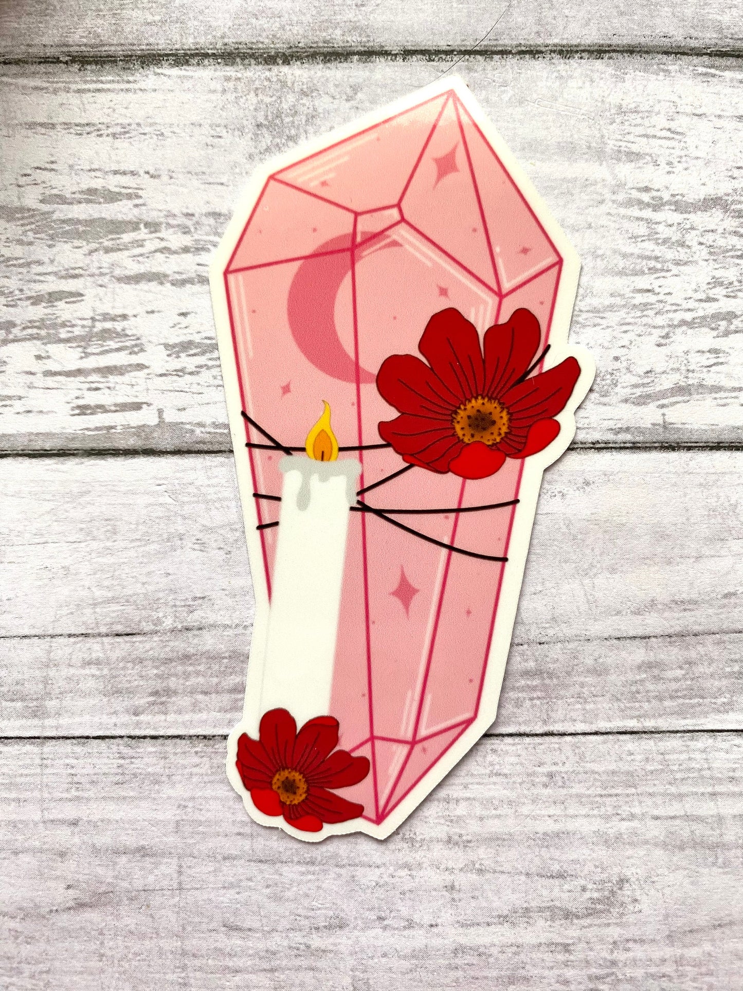 Pink crystal sticker gift for women, flower and crystal decal for laptop, witchy stickers for notebook, valentines day gift for her