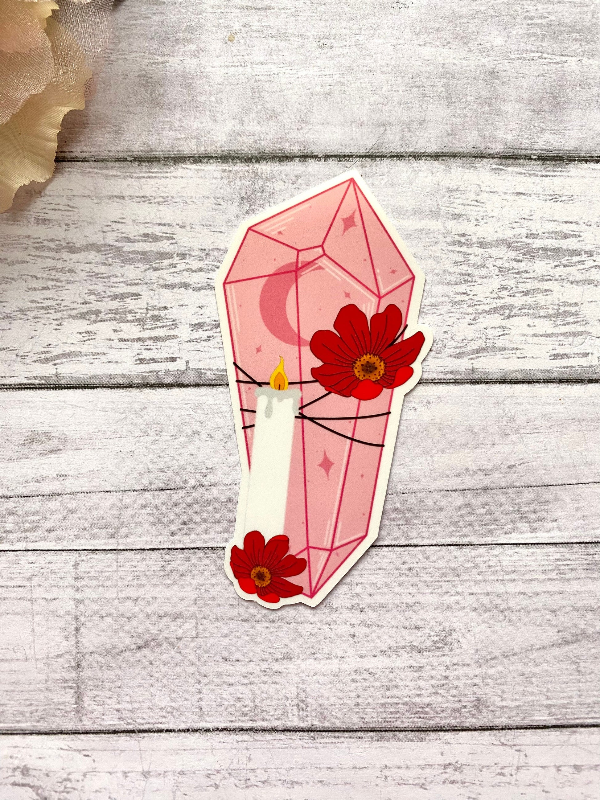 Pink crystal sticker gift for women, flower and crystal decal for laptop, witchy stickers for notebook, valentines day gift for her