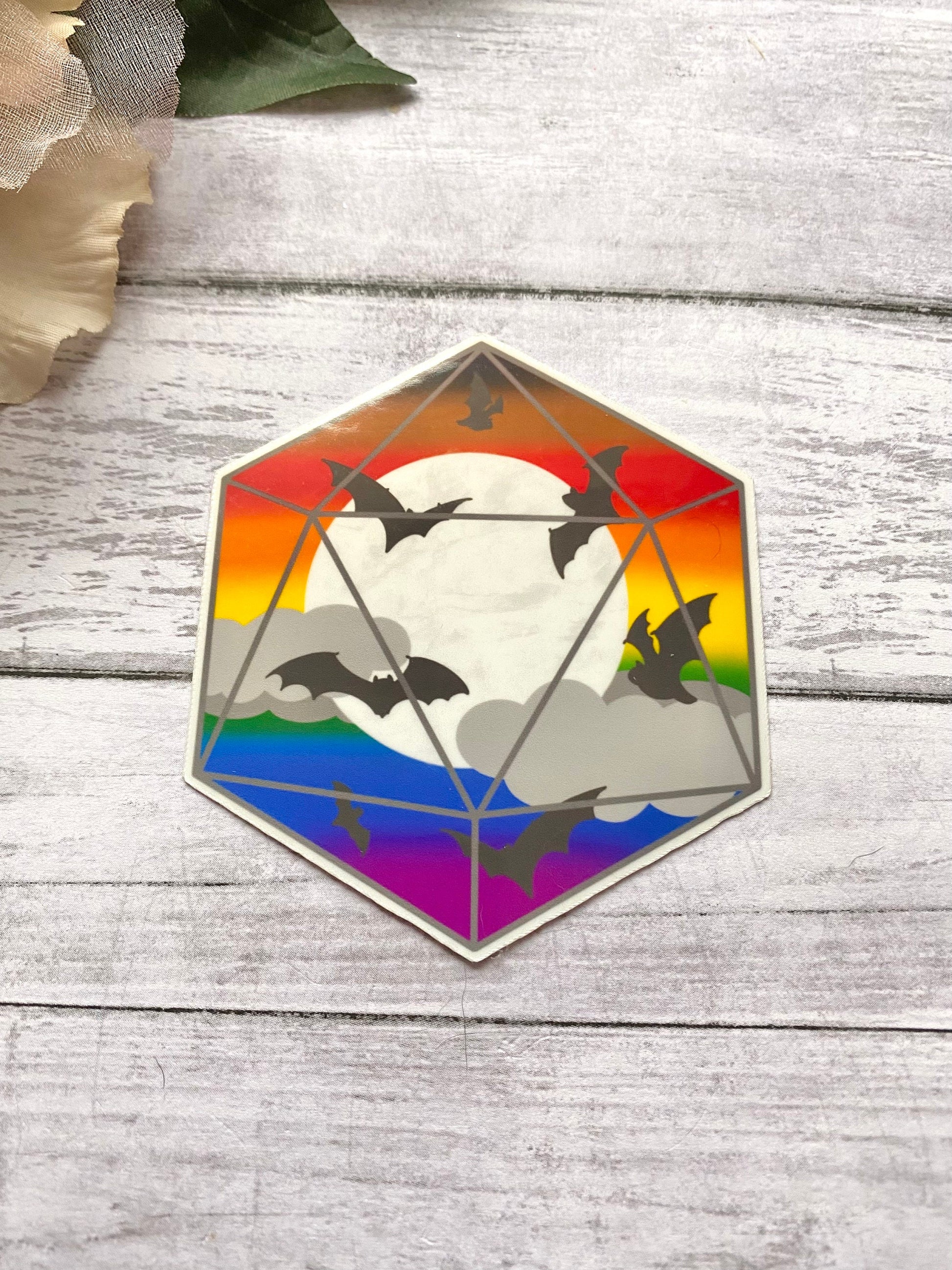 Philly pride flag D20 sticker for water bottle, gay goth sticker, decals for laptop, water resistant sticker, LGBTQ art, rainbow D20 sticker