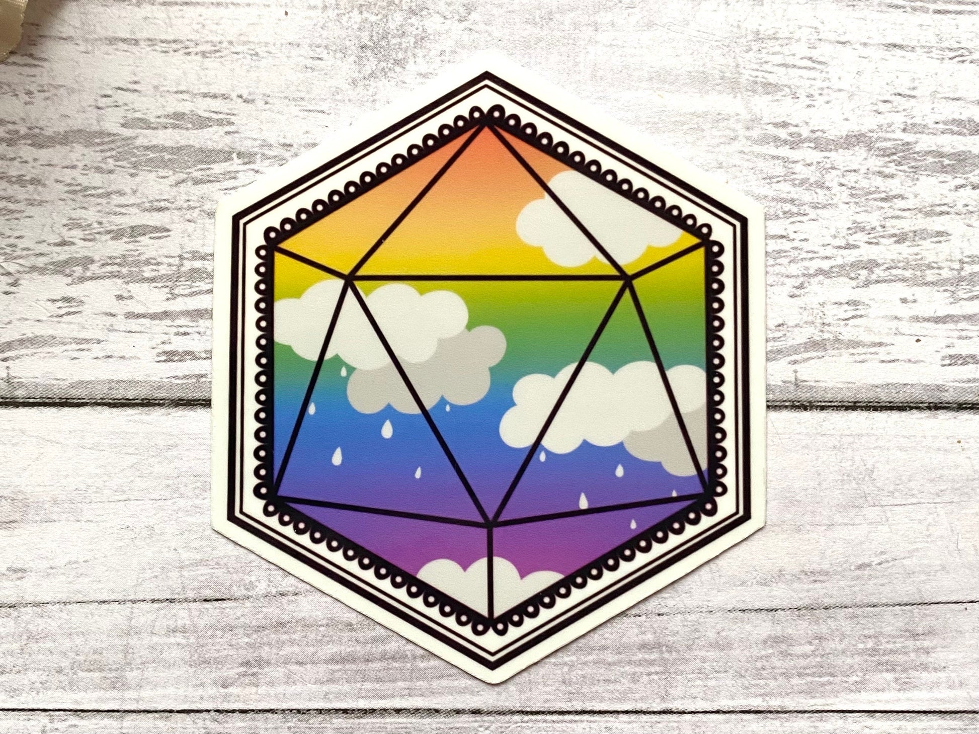 Rainbow D20 sticker for laptop, cloud decal for tumblers, pride month gift for friend, pride stickers cute, LGBTQ art, small gift for them