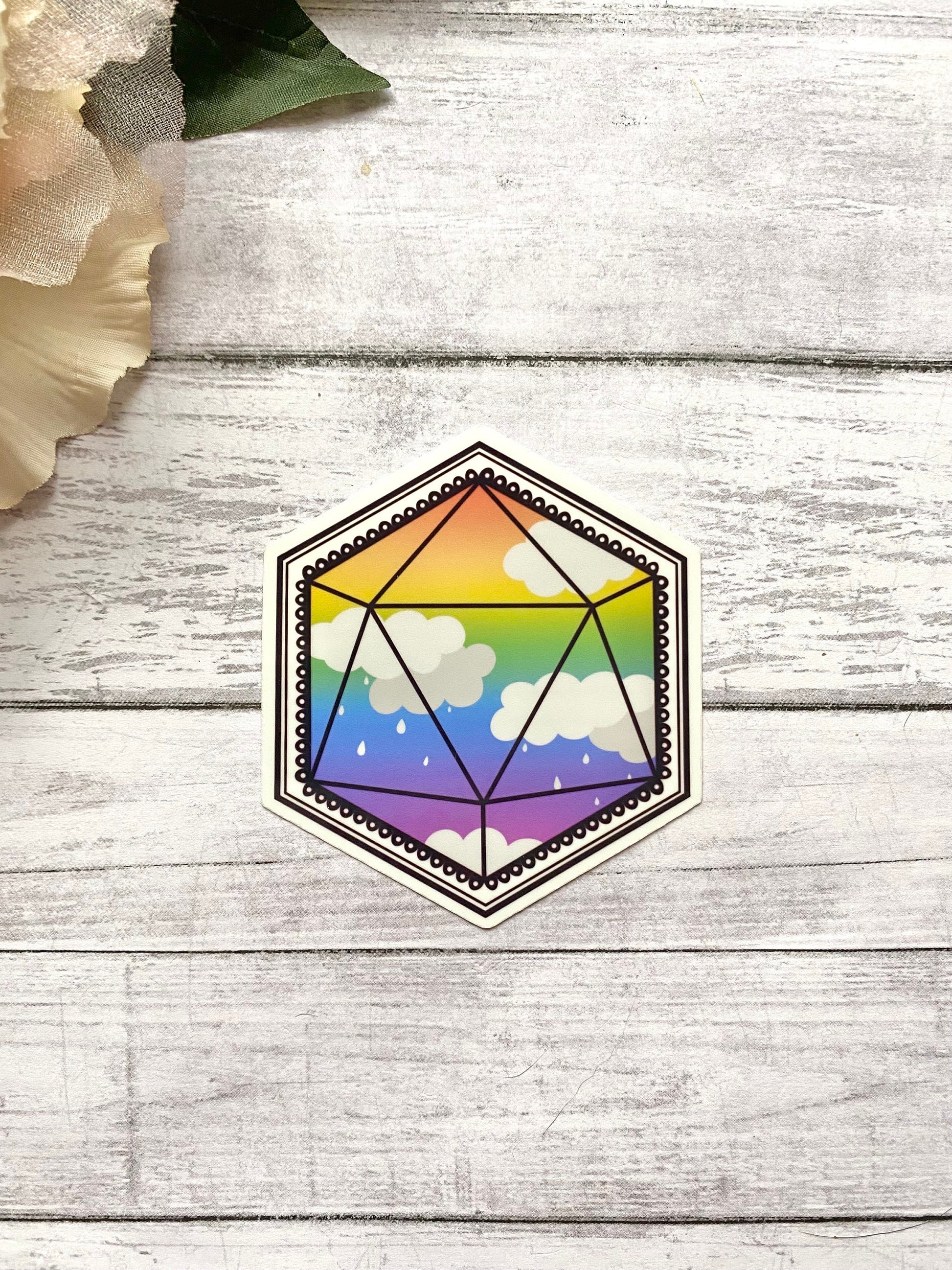 Rainbow D20 sticker for laptop, cloud decal for tumblers, pride month gift for friend, pride stickers cute, LGBTQ art, small gift for them