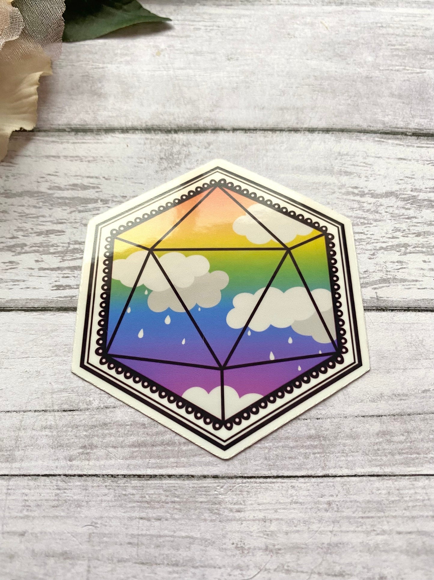 Rainbow D20 sticker for laptop, cloud decal for tumblers, pride month gift for friend, pride stickers cute, LGBTQ art, small gift for them
