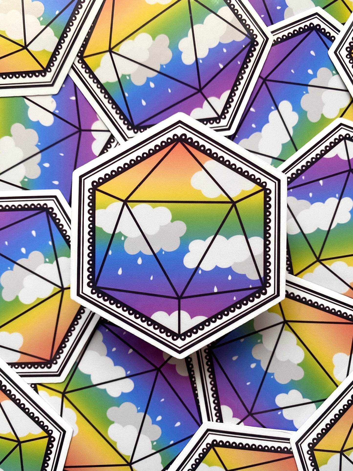 Rainbow D20 sticker for laptop, cloud decal for tumblers, pride month gift for friend, pride stickers cute, LGBTQ art, small gift for them