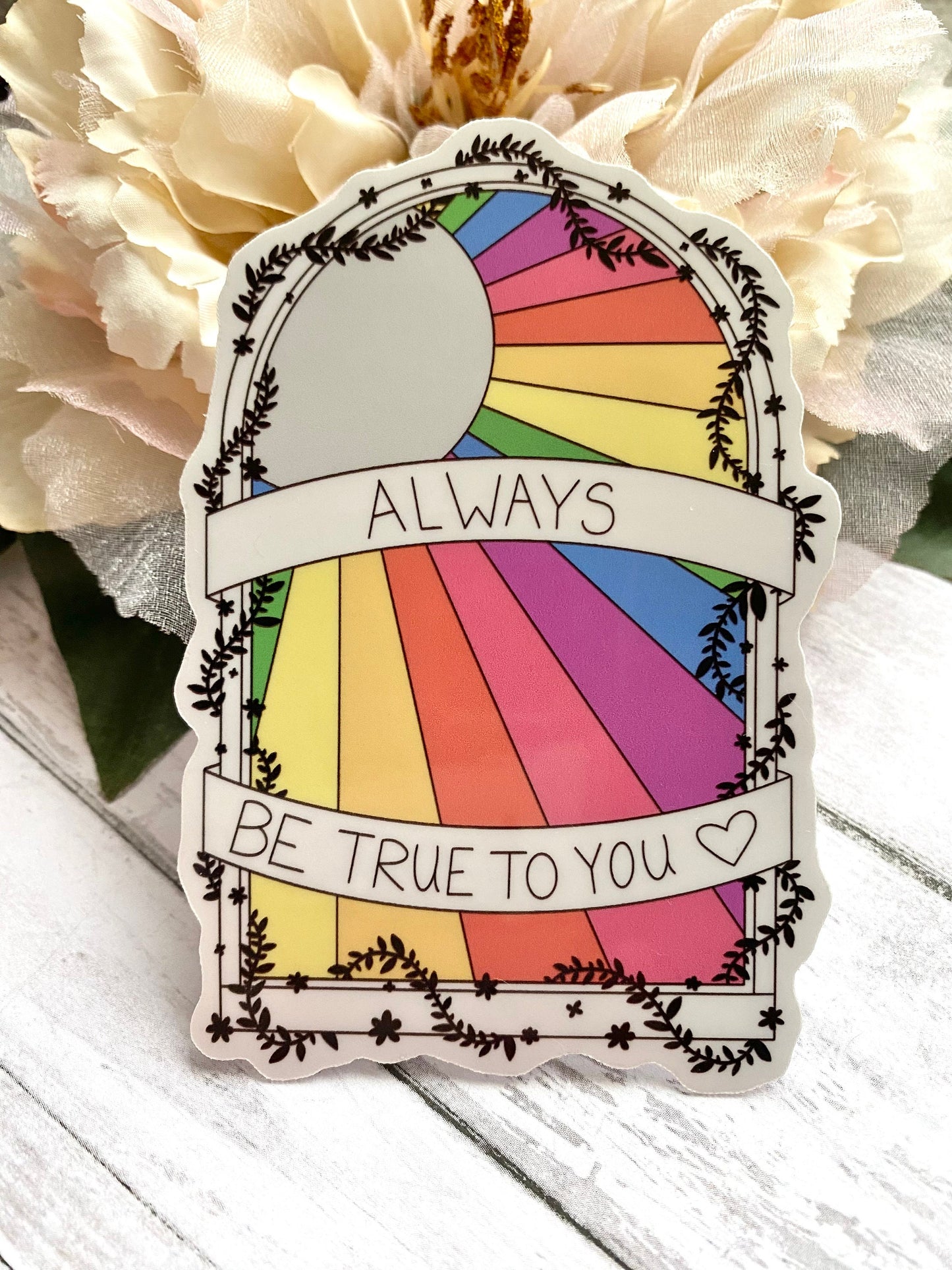 Rainbow stained glass sticker, positive quote decal, self care gift for women, inspirational gift for her, colorful floral design for laptop