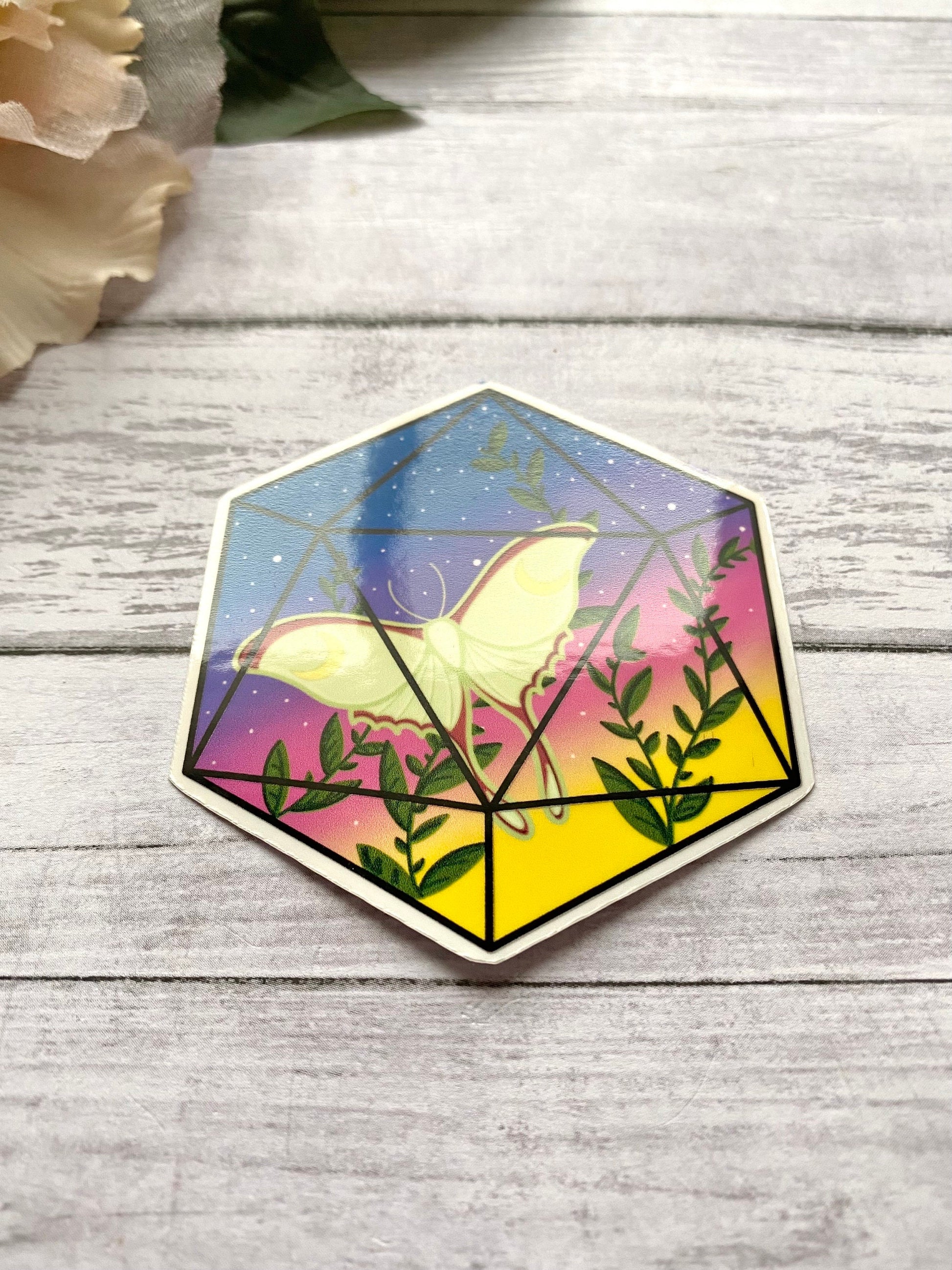 Luna moth D20 die cut, floral d20 sticker, moth decals, witchy vibes, cottagecore aesthetic stickers for ereader, glossy sticker gift