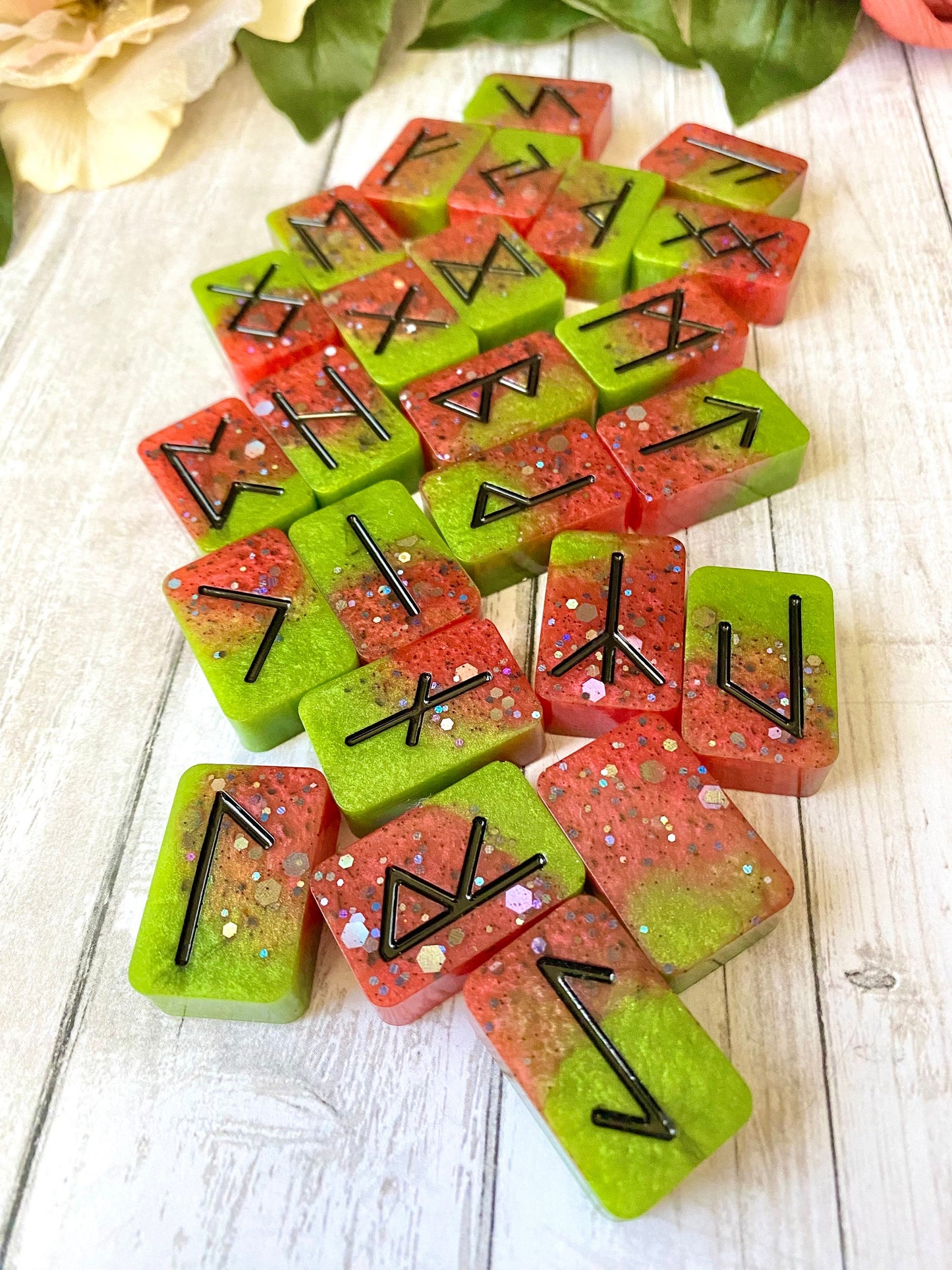 elder futhark rune stones, watermelon vibes, runes sets, tarot stuff, witchy gift for bff, nordic runes stone set, divination for witches