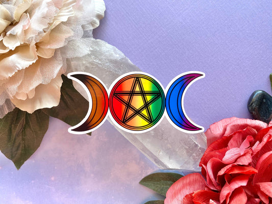 Rainbow flag triple moon goddess vinyl sticker, LGBTQ decal for laptop, occult stickers for cars, pride sticker