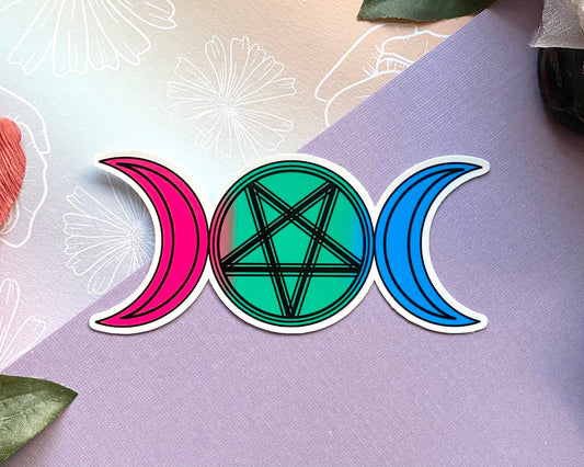 Polysexual triple moon goddess vinyl sticker, indoor/outdoor vinyl decal, occult sticker, pride sticker, LGBTQ decal