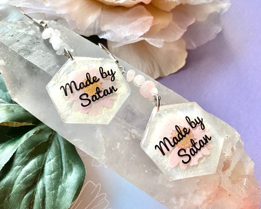 Made by Satan dangle earrings with rose quarts crystal chips