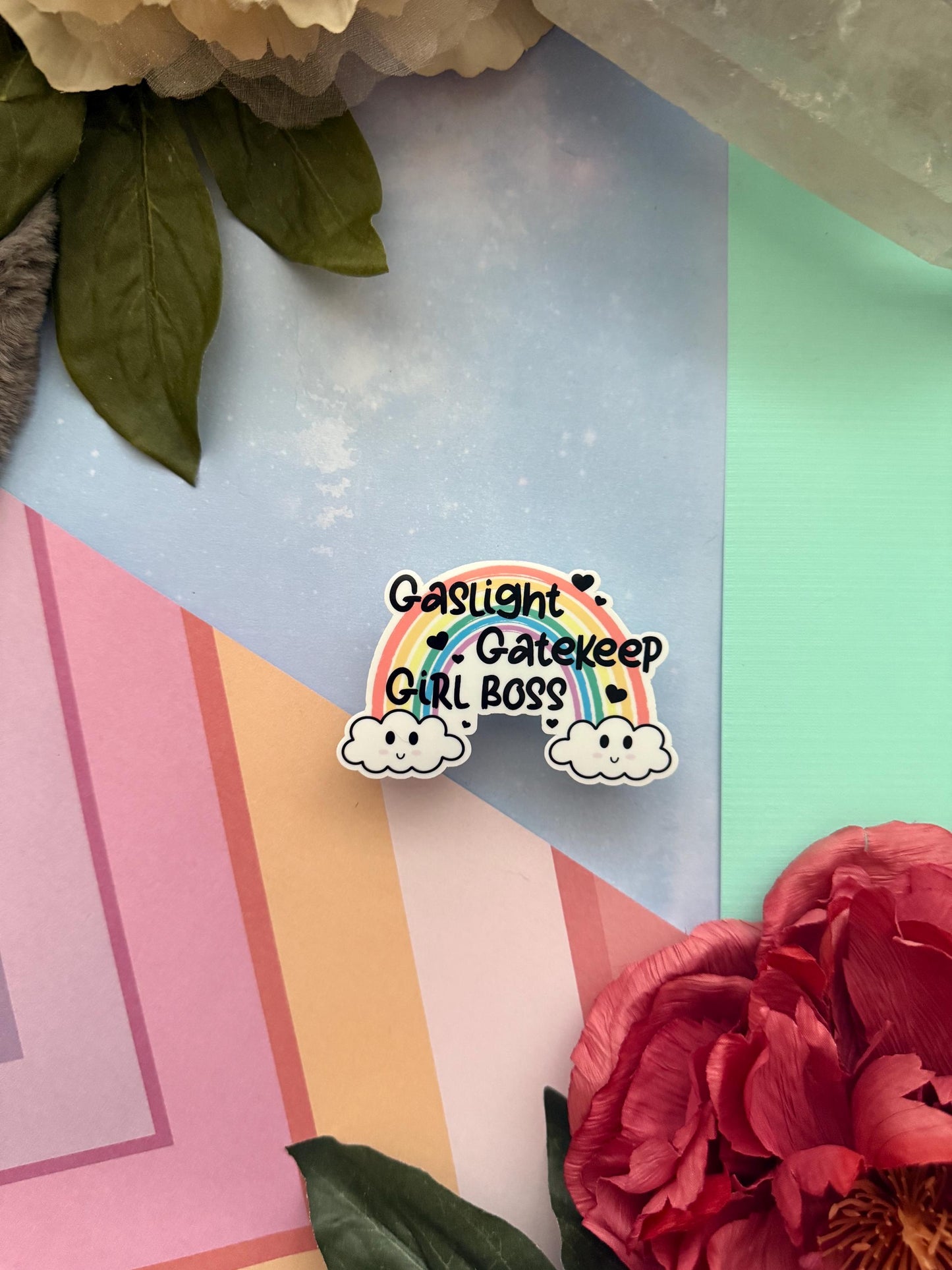 Gaslight gatekeep girlboss vinyl sticker, funny decal for laptop, kindle sticker, sarcastic sassy stickers, adult stickers,